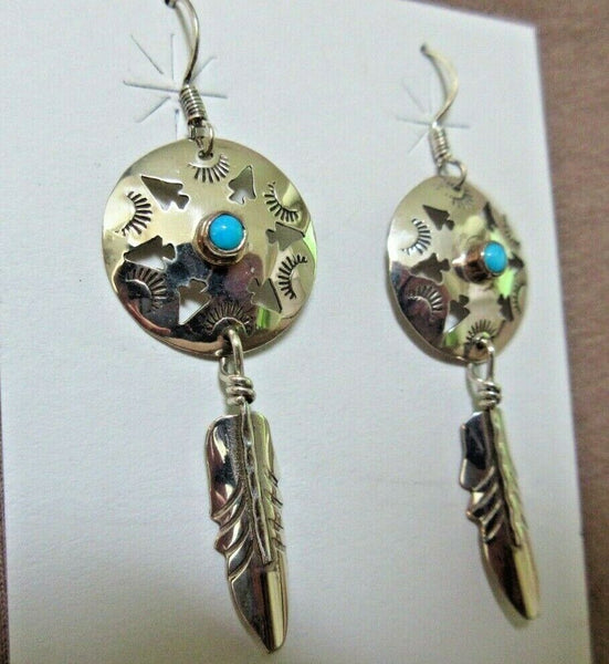 Navajo Turquoise & Sterling w/ Feathers Dangle Hook Earrings by