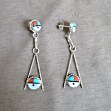 Zuni Native Sunface Multi-stone & Sterling Silver Hook Earrings by W Hooee J691