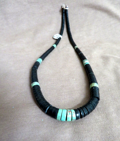 Santo Domingo Graduated Jet &Turquoise 18" Necklace by Delbert Crespin JN500