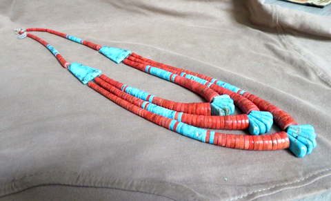 X Large Santo Domingo Coral & Turquoise 3 Layer Necklace by Lupe Lovato JN501