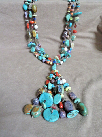 Native Navajo Multi-stone & Heishi 3 Strand Trade bead Necklace w Jacla JN511