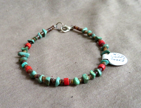 Native Santo Domingo Turquoise, Coral Heishi 8" Bracelet by Irene Lovato JB282