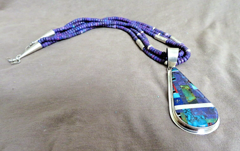 Santo Domingo Purple Turquoise 3 Strand Necklace w Inlay Pendant  D Coriz JN519