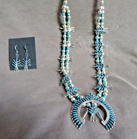 Zuni Sterling & Turquoise Squash Blossom Necklace & Earrings by E Edaakie JN518