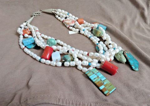 Native Santo Domingo Freshwater Pearls & Turquoise Necklace by Tim Bailon JN516