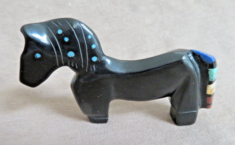 Native Zuni Jet Horse W Inlay Fetish Carving by Steve Natachu - C4858