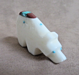 Native Zuni White Marble Bear w Inlay Fetish Carving by Brandon Phillips - C4865