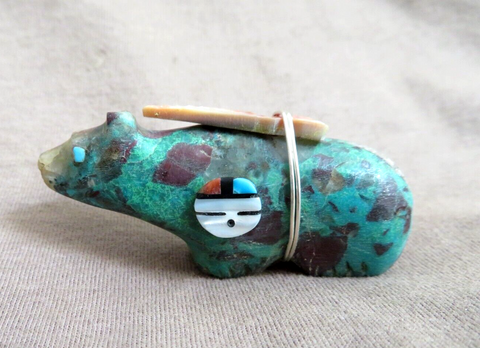 Zuni Turquoise Bear w/ Sunface & Bundle Fetish Carving by Darrin Boone  C4819