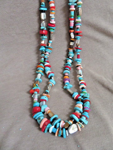 Native Navajo Multi-stone & Heishi 2 Strand Trade bead 26" Necklace JN513