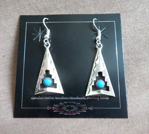 Navajo Shadow box Sterling w/ Turquoise Dangle Hook Earrings by C Perry JE683