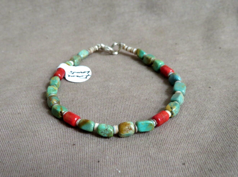 Native Santo Domingo Turquoise, Coral Heishi 7" Bracelet by Irene Lovato JB280