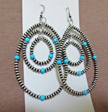 Navajo Sterling Silver & Turquoise Triple Ring Navajo Pearl Hook Earrings  JE388