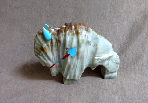 Zuni Picasso Marble Buffalo w heartline Fetish carving by Kevin Quam C4363