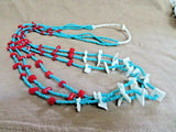 Navajo Coral & Turquoise Bead 3 strand Necklace w Earrings by Trina Toledo JN404
